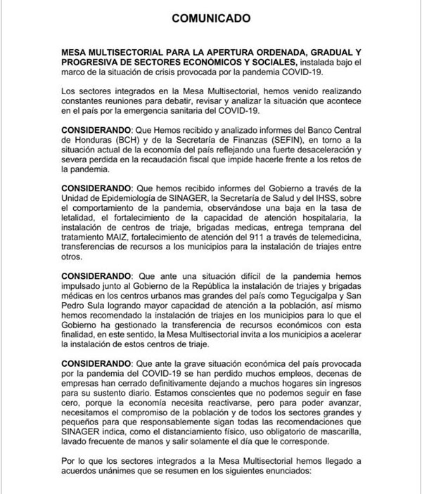 mesa multisectorial comunicado