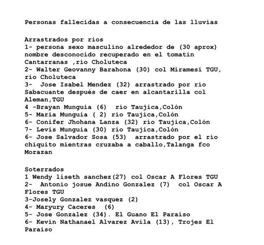 nombres muertos por lluvias