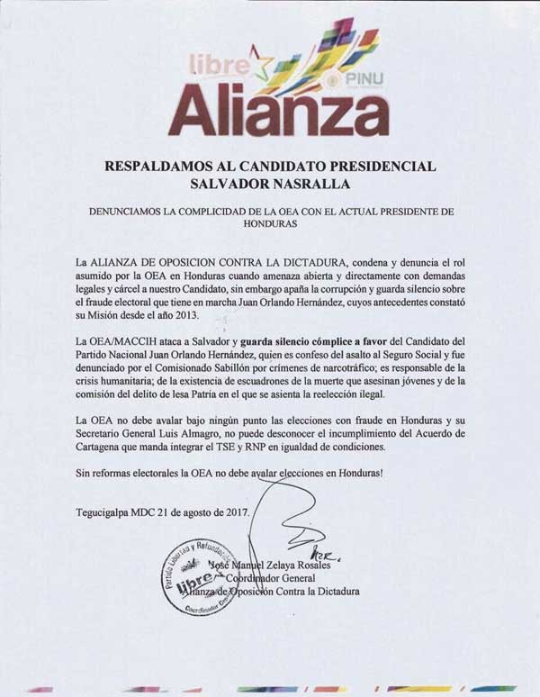 Alianza comunicado respaldo