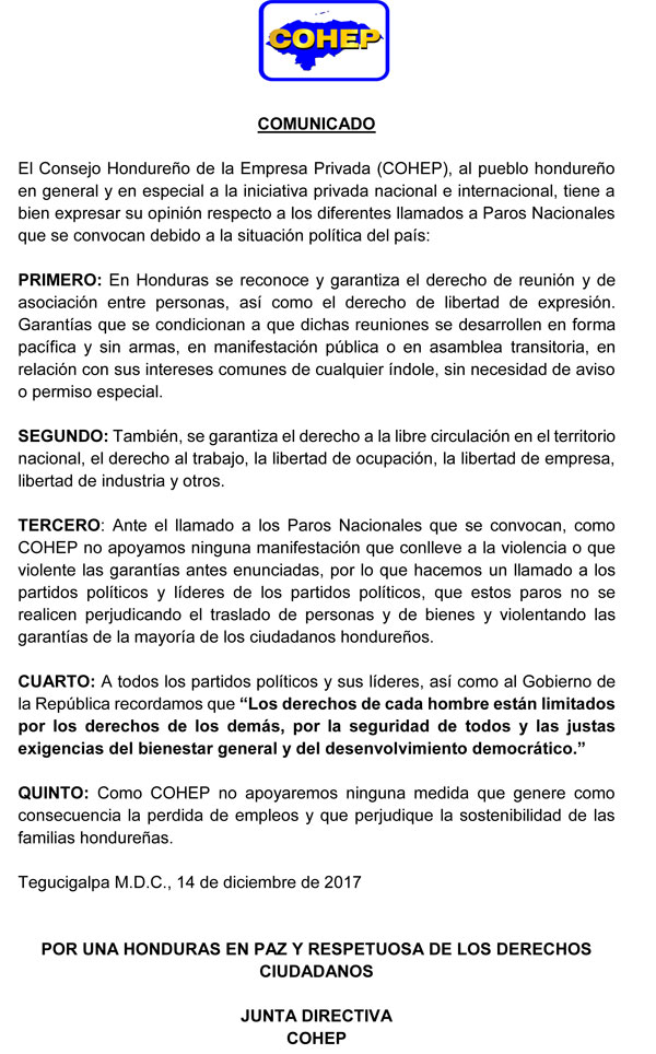 COMUNICADO 14 DE DICIEMBRE DE 2017