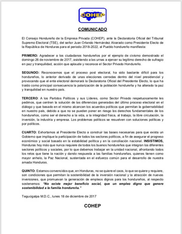 Cohep comunicado