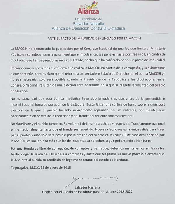 Nasralla comunicado MACCIH