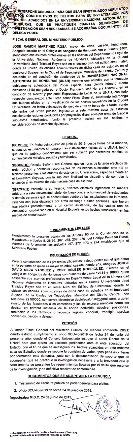 la denuncia UNAH