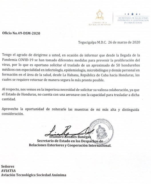 Carta cancilleria HN
